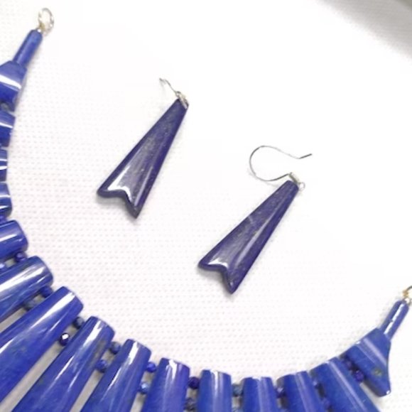 Lapis Lazuli Choker Necklace & Earrings: Vintage Tribal Jewelry Set - Picture 8 of 10